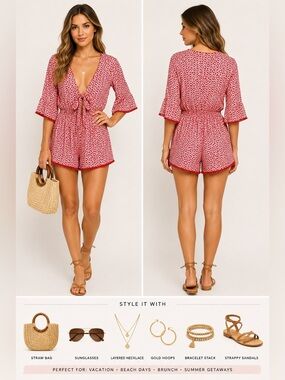 Willow & Clay Romper Women’s S Red/White Floral Eyelet Embroidered Lace Pompoms